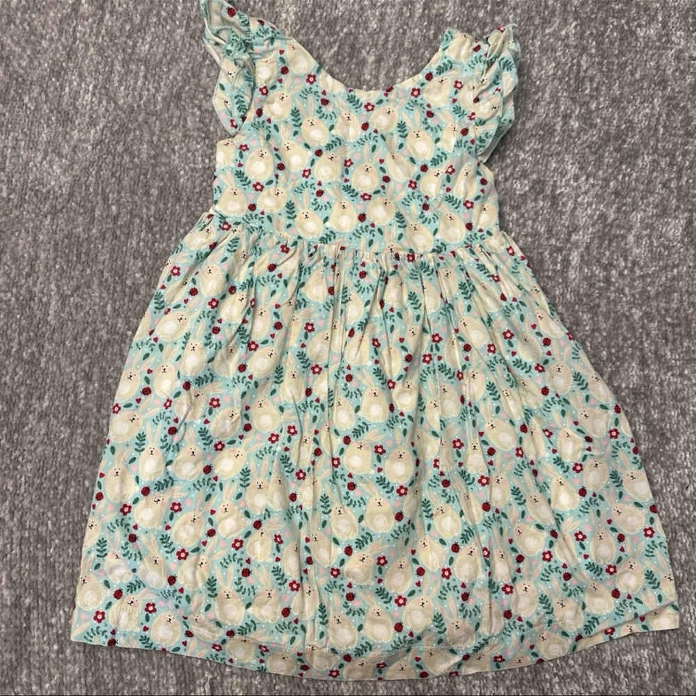 EUC blue flutter sleeve bunny print tie back dress size 4/5